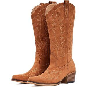 Women's Mid Calf Cowgirl Boots Suede Embroidery Block Heeled Western Boot Brown